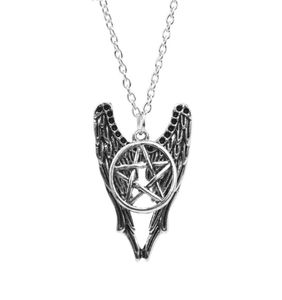 Пентаграмма ожерелье антикварного серебряного пентаграммы Пентаксит Ангел Красиво крылья подвесной сверхъестественное ожерелье Женщины ювелирные украшения NEC2238248