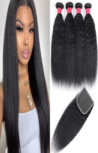 Дешевые бразильские девственные волосы яки прямые пучки с 4х4 замыкающимися наращиваниями волос плетения утолоки для волос с кружевом C5803111