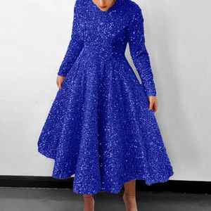 Lässige Kleider Fashion Elegant Deep Blue Pailletten plissierte A-Linie-Partykleid Frauen O-Neck Long Sleeve Cocktial Prom weibliche Bankettroben