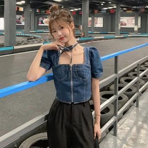 Women's Blouses Blouse Women Hollow Out Tied Denim Top Puff Sleeve Zipper Shirt Blusas Mujer De Moda