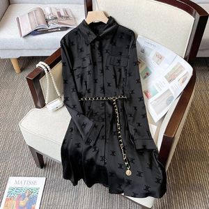 Autumn High-end Lapel dress Plus Size chubby girl Design Long-sleeved Waisted Satin Shirt Dress