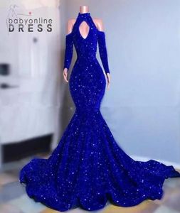 Vintage Royal Blue Long Sleeve Sequins Prom Dresses High Neck Off Axel Evening Gowns Women Formell tillfälle Vestidos Plus Size4485895