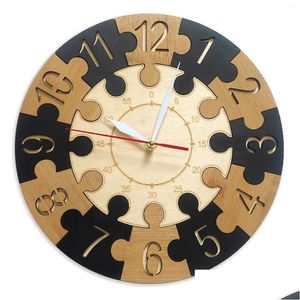 Zegar ścienny Puzzle Zegar w drewnie uczenie się dla dzieci laserowe ucięte dekoracyjne ciche niekinienne sypialnia rustykalna drewniana dostawa zegarek dhpuj