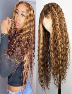 Podświetl kolor ludzkie włosy kręcone peruki czołowe fali głębokiej wody dla czarnych kobiet Brazylijskie 13x1 T części Blond Syntetyczna koronka FR6029546