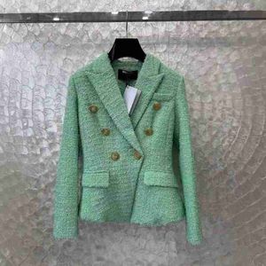 Женские куртки дизайнер 2024 Весенний стиль знаменитостей Универсальный тонкий зеленый талия, обернутая твидовая пальто для женщин L6BV