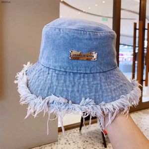 Breda breim hattar hink hattar sommar unisex tassel tvättade denim hink hattar mode för kvinnor breda grim vikbar panama mössa utomhus strand fiskarmans hatl240413