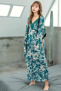 Ev Giyim 2024 Sonbahar Nightwear Lady Pijama Pijamalar Kore İpek Çiçek Baskı 3 Parçalı Takım Pijama Mobilyası İç çamaşırı Kadına Hizmet