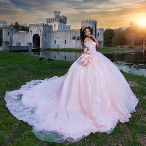 Różowe sukienki Quinceanera 16 -letnia suknia balowa seksowna z aplikacji na ramię koronkowe koraliki Tull imprezowa sukienka dla dziewczyny vestidos de 15 anos