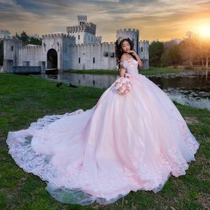 Pembe quinceanera elbiseler 16 yıllık balo elbisesi omuz aplike dantel boncuklar tull parti elbise kız vestidos de 15 anos