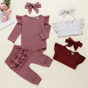 Kläduppsättningar födda babyflickkläder set vår sommar spädbarn kläder stickad bodysuit topp romper ruffle byxor pannband dt036