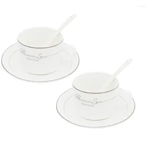 Cups Saucers 2 Sets Bone China Coffee Cup Ceramic Saucer Set Porcelaine Milk With Spoon