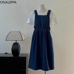 Casual Dresses Onalippa Drawstring Denim Dress Square Collar Sleeveless A Line Pleated Korean Chic Design High midje Vestidos