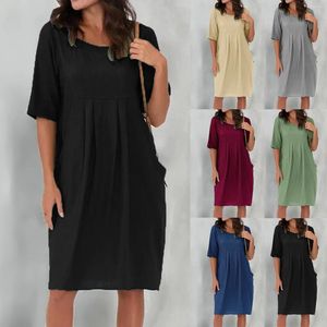 Casual Dresses Women Summer Short Sleeve Dress Solid Color Crewneck Swing Loose Maxi Tunic Dess Daily T-shirt 2024