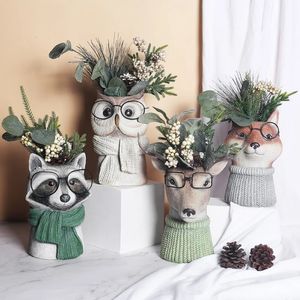 Animal with Glasses Flower Vase Cute Owl Deer Fox Raccoon Resin Flowers Pots Desk Ornament Garden Flowerpot Sculpture Craft 240409