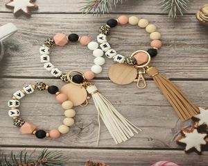 Keychains Mama Bracelet Keychain Silicone Handmade Beads Ring For Women Key Chain With Tassel AccessoriesKeychains Forb223260104