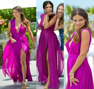 Adriana Lima Fuchsia Prom Elbise Seksi Yan Yarık Şifon Kadınlar Özel Durum Elbise Giyin Akşam Partisi Gown Celebrity Misafir Kıyafet1003151