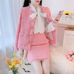 Luxury Small Fragrant Wind Tweed Two Piece Set For Women Autumn Winter Plaid Pocket Jacket Mini Skirt Suits Female Outfits 240329