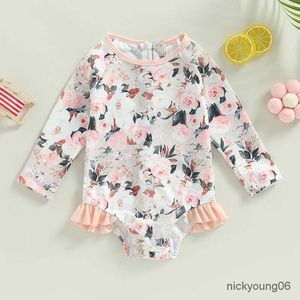 Endelar Fashion 2023 Summer Småbarn Nyfödda Baby Girl Swimits Floral Print Långärmad dragkedja Pullover Bodysuits Badkläder kläder