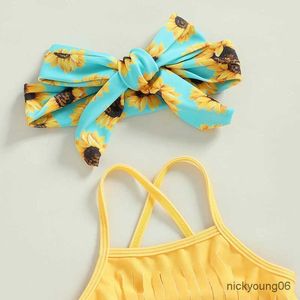 Jednoczęściowe 2-7y Kids Bikini Set Girls Szybźnie 2023 Summer Tassel Sling Sunflower Bow Bathing Suits Dzieciowe stroje kąpielowe