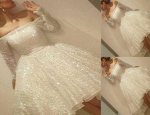 새로운 도착 흰색 빛나는 짧은 홈 커밍 드레스 스팽글 어깨 긴 소매 파티 드레스 얇은 리본 알린 칵테일 dres5035828