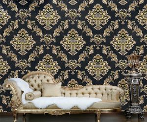 European 3D stereo Damascus deep embossed wallpaper black gold flower living room TV background wall el household wall decor7421369