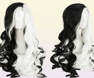 Cruella Deville de VIL Wigs Wigs 75 cm Curno di pelo sintetico a calore bianco riccio lungo il tappo di capelli sintetici resistenti a calore nero y09137207944