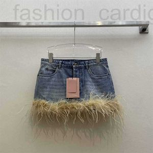 Skirts Designer 2024 Spring Fashion High Waist Slim Hem Ostrich Hair Spliced Denim Skirt 18WT