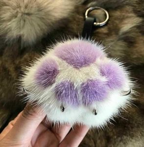 Women Creative Real Mink Fur Cat Paw Keychain Cute Bag Charm Ornaments Soft Pompom Plush Cute Bear Claw Key Ring Car Key Pendant H9493569