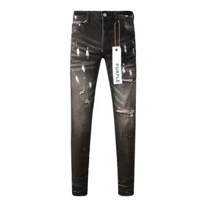 Mode av hög kvalitet lila varumärke jeans med hög gata nödställda svart reparation låg stigande mager denim byxor