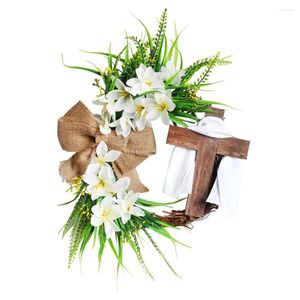Flores decorativas Parede de festa de fita branca pendurada com arco cruzado para a porta da frente ornamento de páscoa Janela de grinalda