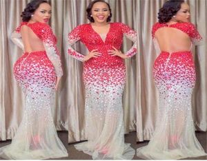 Gorgeous Red Backless Full Rhinestone Evening Dresses Long Sleeves Sheer Sexy Party Gowns V neck Crystal Pageant Prom Gowns2193016