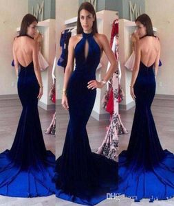 2017 New Sexy High Neck Halter Keyhole Velvet Mermaid Prom Dresses Evening Dress Royal Blue Backless Long Party Dresses Pageant Fo4853845