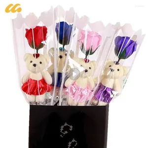 Decorative Flowers With Cute Teddy Bear Beautiful Creative Scented Flower Soap Roses Christmas Gift Colorful Rose Home Decoration