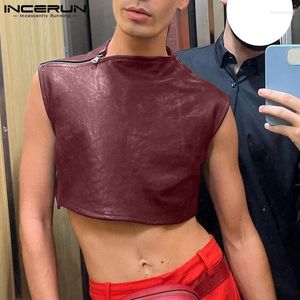 Men's Tank Tops Fashion Men Zipper O-neck Sleeveless PU Leather Streetwear Crop Summer 2024 Sexy Party Vests S-5XL INCERUN