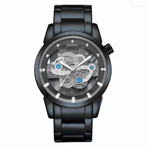 Orologi da polso in stile Circolo di moda maschile Striscia in acciaio nero Scavante vetro rinforzato per orologio al quarzo