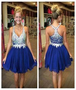 Crystal royal blue Prom Dresses Short Homecoming Dress Beaded Straps Chiffon Mini Skirt 8th grade graduation dresses Rhinestone Pa8220844