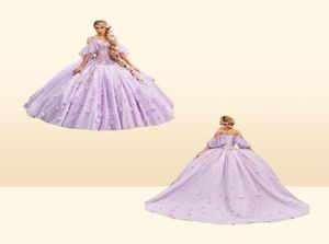 18 -wieczna Lilac Quinceanera Sukienki 2023 Off the ramion średniowieczna sukienka balowa z kwiatami 3D koronkową krótką rękawem Sweet 15 Vesti3451731