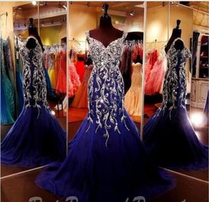 2020 NYA SEXY BLING Navy Blue Prom Dresses Sweetheart Crystal Pärled Tulle Mermaid Sweep Train Evening Gowns Custom Evening 4940689