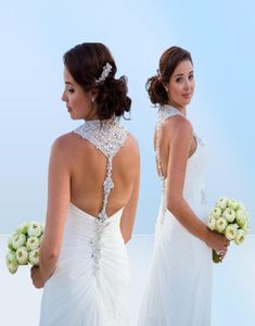 Överskott av bodice Sweetheart Halter Pärled Crystal Shinning Mermaid Wedding Dresses Slim Draped Sweep Train Beach Brudklänningar5385132