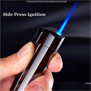 Lighters New Windproof Cigarette Torch Cigar Lighter Side Press Ignition Metal Jet Blue Flame Refillable Butane Gas Gadgtes Drop Deliv Dhdj7