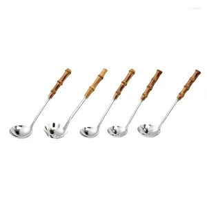 Spoon 5pcs che servono cucchiaio a foglietto zuppa di zuppa in acciaio inossidabile con maniglia di bambù naturale per cucina in pentola