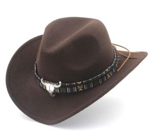 Bred Brim Western Cowboy Hat Cap Men Women Faux Wool Felt Fedora Hats Ribbon Metal Bullhead Decored Black Panama Cap7337092