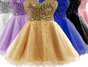 Sexy Stock Sweetheart Golden Graduation Dresses High School Tulle Lecinas Ruffle Uma linha de Partido do baile curto Mini Ski3772051