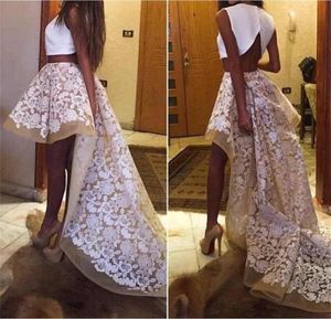 Modest Two Pieces Dresses Party Evening High Low Appliques A Line Personalized Prom Dresses Ruffles Sweep Train Cocktail Party Dre5256115