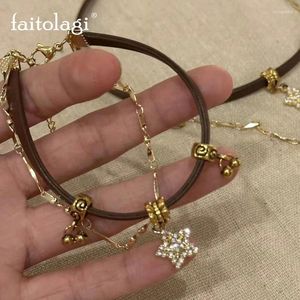 Bracelets de charme Pulseira de couro de estrela de zircão para mulheres y2k pingente de sol duplo banglles kpop estético colar de gargantilha geométrica