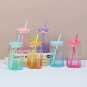 16oz 변수 스트라이프 유리 머그 컬러 플라스틱 뚜껑 열전 전달 텀블러 유리 캔 맥주 마시는 유리 0413