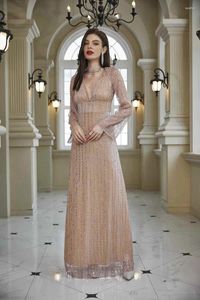 Party Dresses Luxury Sparkle Pink paljett Kvinnor Kväll Sexig Deep V-ringar Elegant Long Sleeves Golvlängd Vestidos Robes