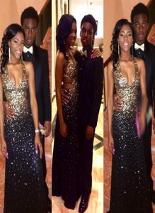 Ny sexig rygglös Black Girl Prom Dresses Mermaid Style 2019 med Golden Beadings Sequin Girls African Party Gowns Evening Wear8033071