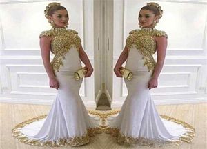 Saudi Arabia Mermaid Evening Dresses Gold Lace Appliques Women Wear Shiny High Neck Cap Sleeve White Dubai Formal Prom Gowns Plus 3804957