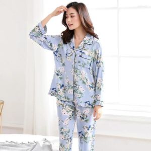 Hemkläder Autumn Winter Pyjama Ställer kvinnor långärmad stickad bomull mjuk enkel blå hemkläder pyjamas för